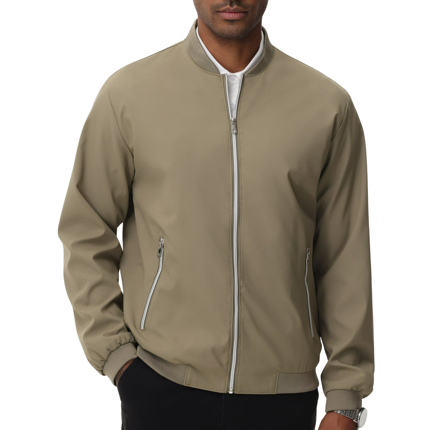 Men's Lightweight Bomber Jacket Casual Zip-Up Windbreaker Coat Khaki