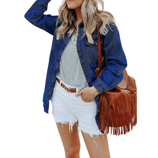 Modistly Classic Blue Oversized Jean Jacket for Women Trendy Long Fit