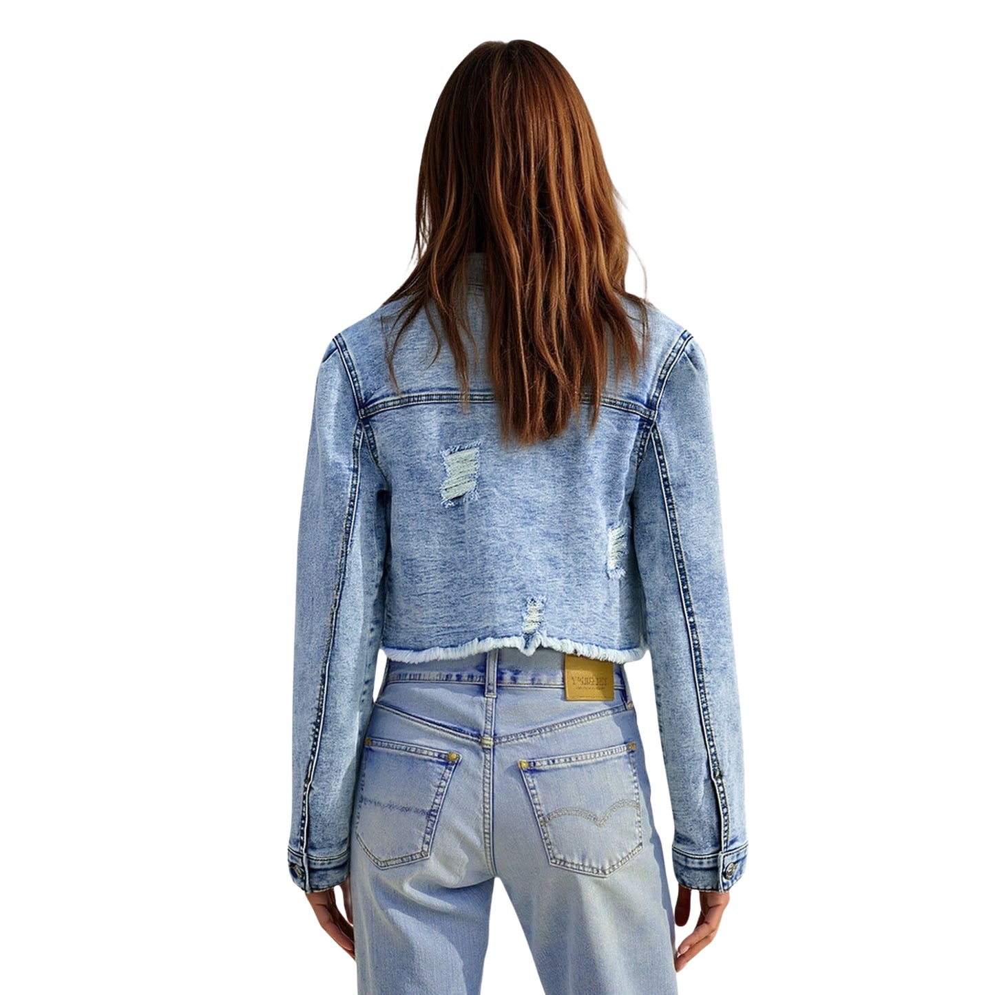 Trendy Women’s Cropped Ripped Denim Jacket with Frayed Hem