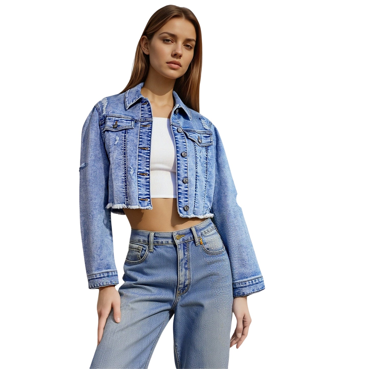 Trendy Women’s Cropped Ripped Denim Jacket with Frayed Hem