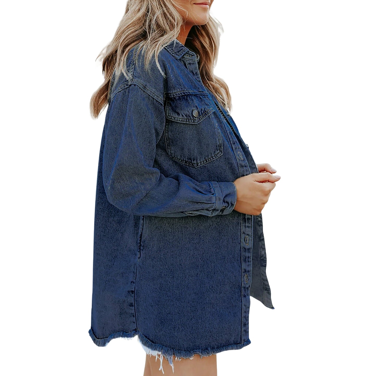 Modistly Classic Blue Oversized Jean Jacket for Women Trendy Long Fit
