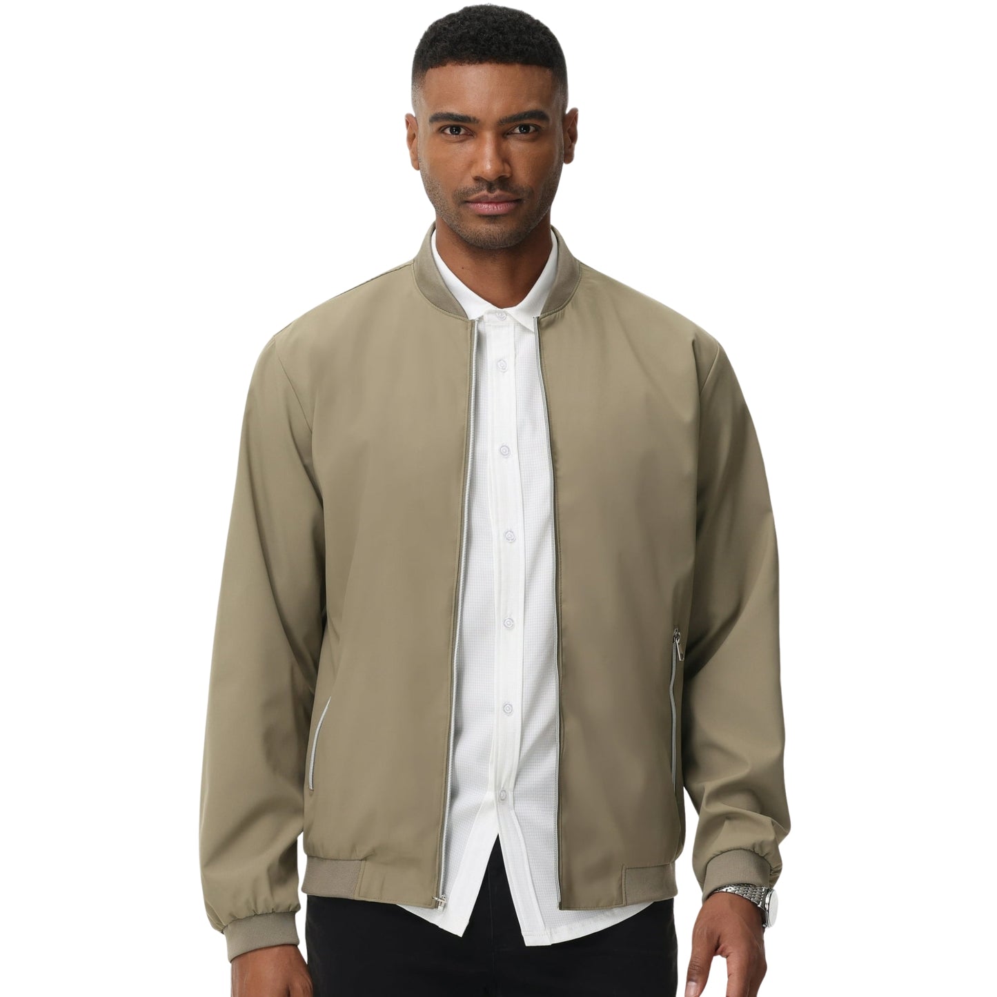 Men's Lightweight Bomber Jacket Casual Zip-Up Windbreaker Coat Khaki
