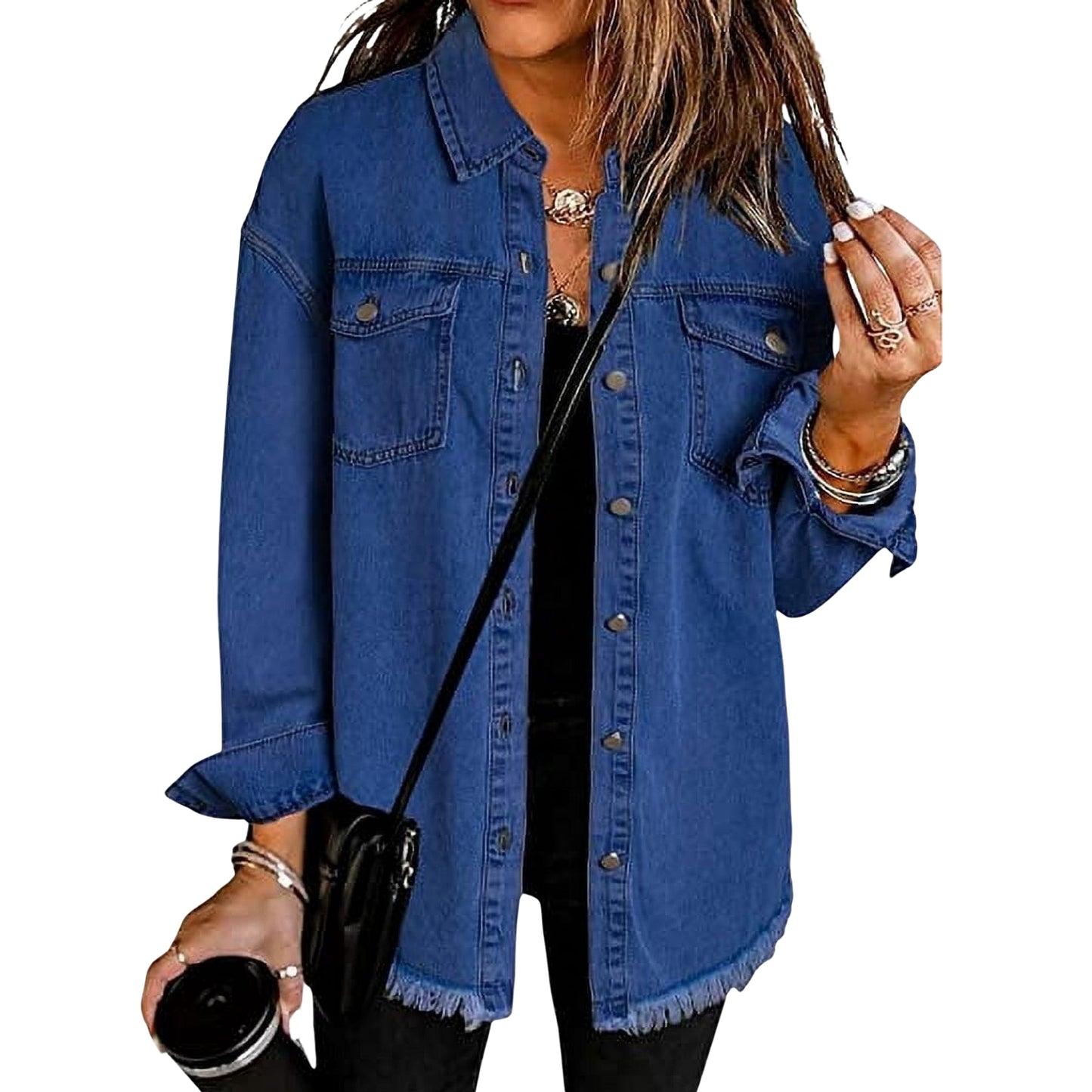 Modistly Classic Blue Oversized Jean Jacket for Women Trendy Long Fit
